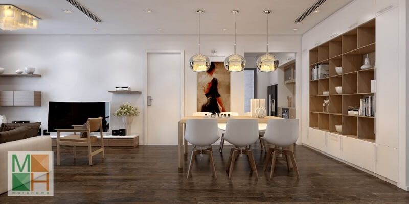 Thiết kế không gian phòng ăn chung cư hiện đại liên kề với phòng khách mang đến cảm giác thoải mái tiện nghi.