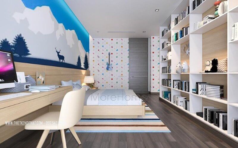 Sắp xếp nội thất phòng ngủ con trai đẹp, sinh động với tranh, giấy dán tường bắt mắt.