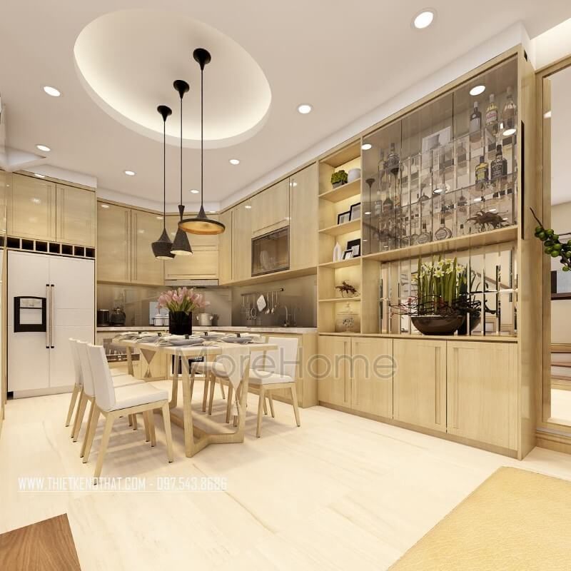 Mẫu bàn ghế ăn gỗ tự nhiên, màu nâu sáng với ghế ăn bọc sofa da đẹphiện đại tạo không gian ấm cúng cho gia chủ