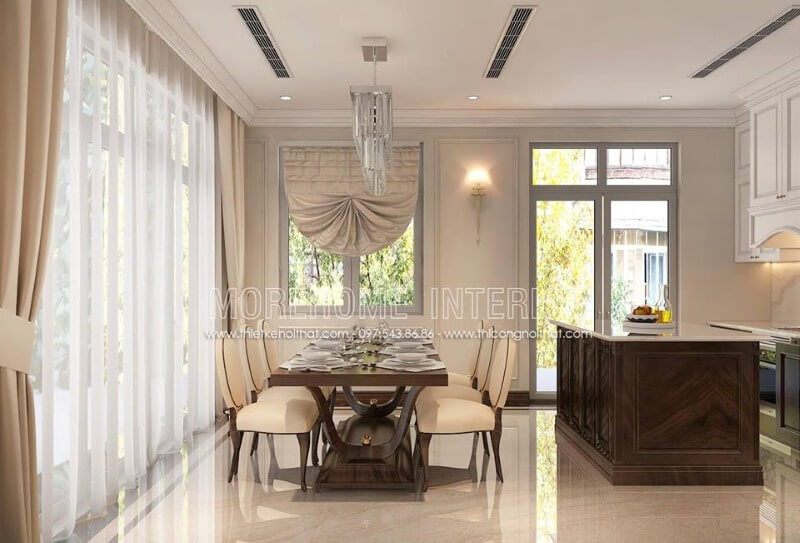 Trang trí nội thất phòng ăn biệt thự Vinhomes The Harmony cao cấp với bàn ăn đẹp tân cổ điển
