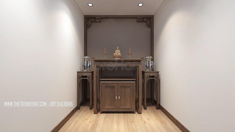 Mẫu bàn thờ đẹp gỗ tự nhiên màu nâu nhạt với đường vân tinh tế, kiểu dáng nhỏ gọn phù hợp với căn hộ chung cư.