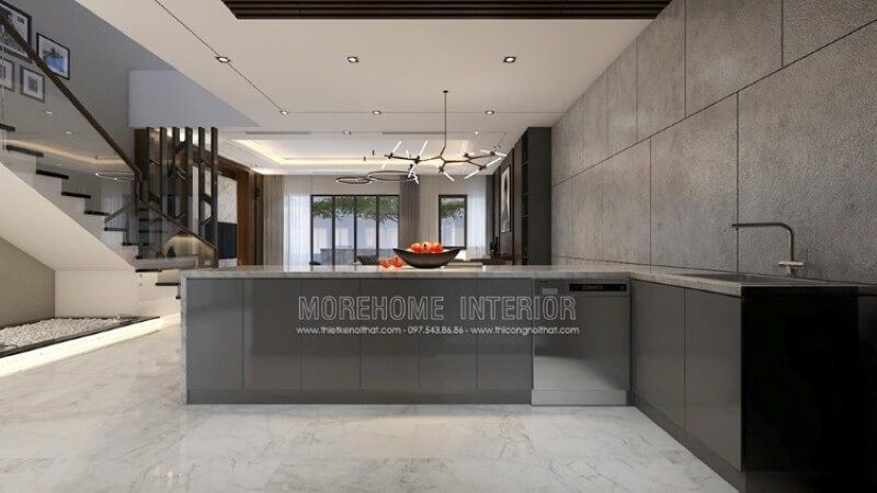 Thông thường, bạn sẽ thấy khu vực bàn đảo được đặt trong phòng bếp để đáp ứng nhu cầu ngay lập tức. Tuy nhiên, điều này yêu cầu phòng bếp phải có kích thước khá rộng. Nhưng nếu bạn không có đủ không gian, bạn vẫn có thể sở hữu một bếp đảo tuyệt đẹp như trong ý tưởng trang trí nội thất tại biệt thự Parkcity bởi Nội thất Morehome.