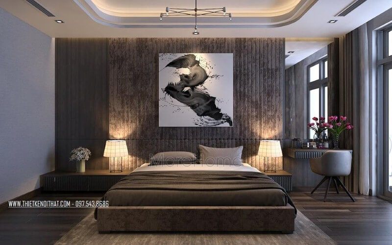 Giường bọc nệm đẹp, tinh tế và sang trọng để trang trí phòng ngủ master hiện đại.