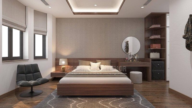 Morehome xin giới thiệu cho các bạn mệnh Thổ, mệnh Kim một trong những ý tưởng thiết kế nội thất phòng ngủ đẹp nhất là mẫu bố trí nội thất phòng ngủ màu nâu chủ đạo tại biệt thự Vinhomes Imperi a Hải Phòng. Ngoài ra, các bạn cũng có thể tìm thấy nhiều mẫu thiết kế phòng ngủ đẹp khác trên website: thietkenoithat.com.